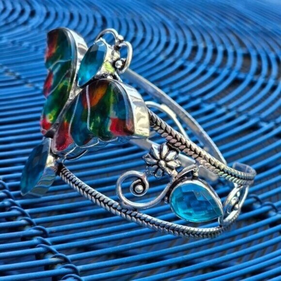 Dichroic Glass ✦ Butterfly Cuff Bracelet ✦ S925 Sterling Silver Topaz Accent NWT main image 12
